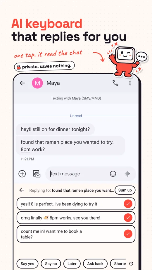 Reply writes three answers to a chat